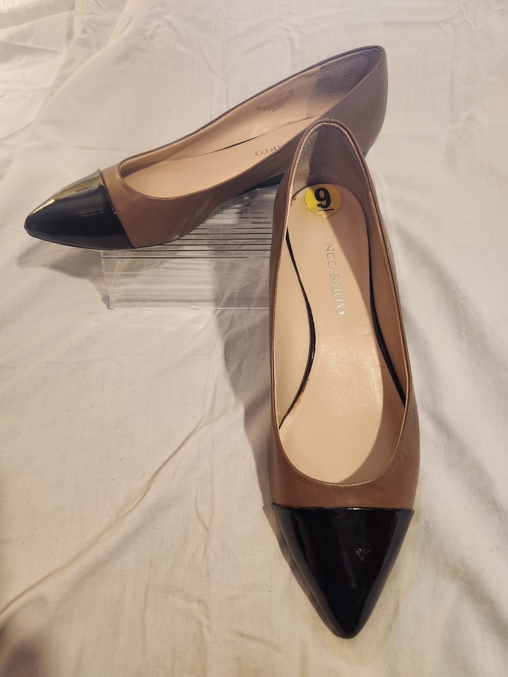 Franco Sarto Brown Flats with Black Patent Pointed Toe 9